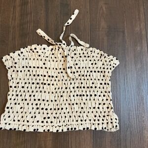 Statement Polka Dot Smocked Halter Tube Top Cream Black Linen Blend Large Boho